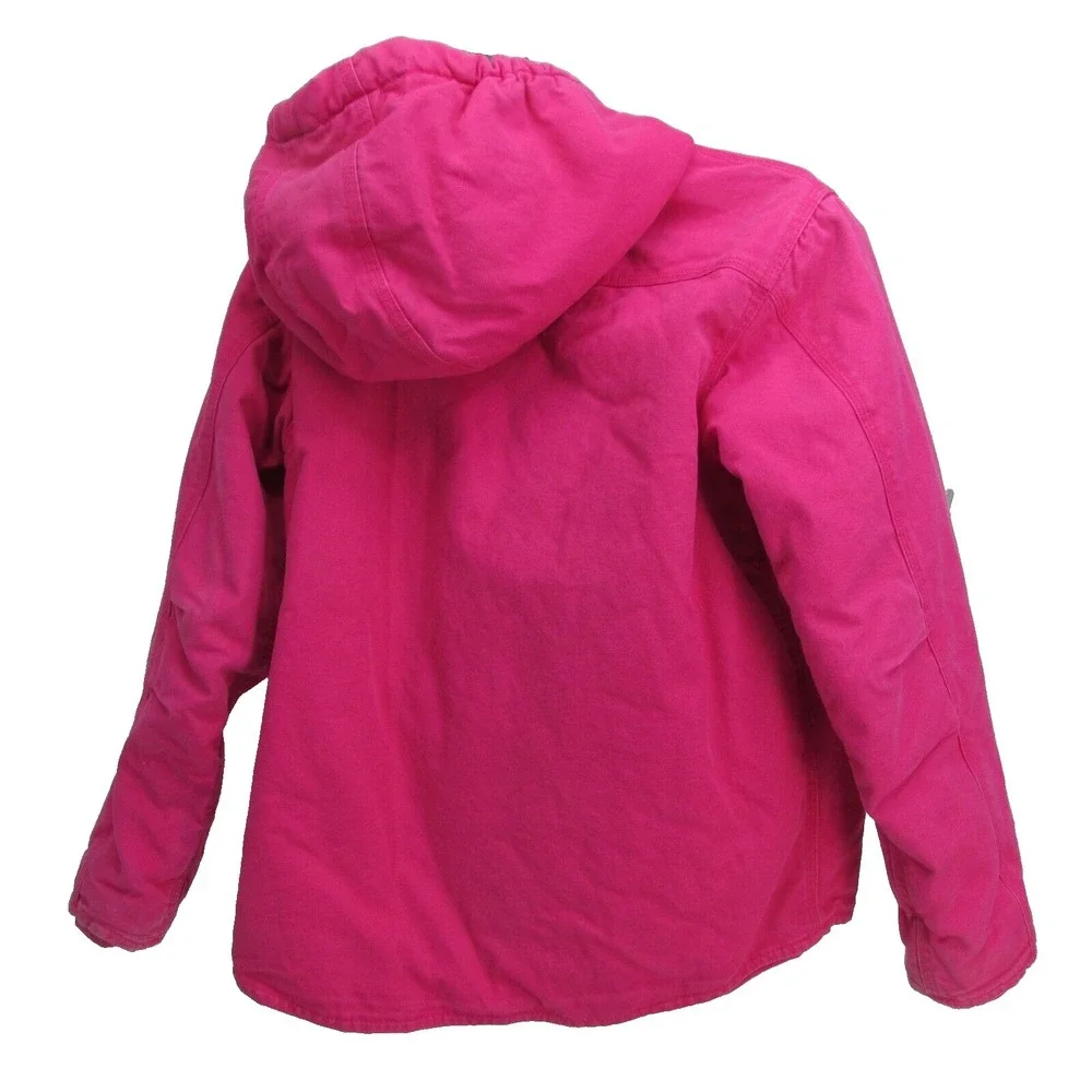 Carhartt Duck Canvas Jacket Girls Large 14 Pink hooded Sherpa Lined Zip Chore